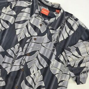 TOMMY BAHAMA TROPICAL BUTTON DOWN SHIRT MENS XL MONSTERA LEAF GRAY AOP 100% SILK